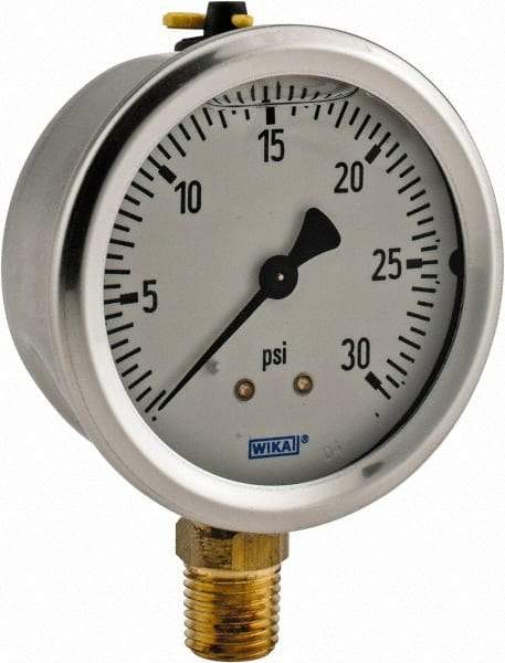 Wika - 2-1/2" Dial, 1/4 Thread, 0-30 Scale Range, Pressure Gauge - Lower Connection Mount, Accurate to 1.5% of Scale - Makers Industrial Supply