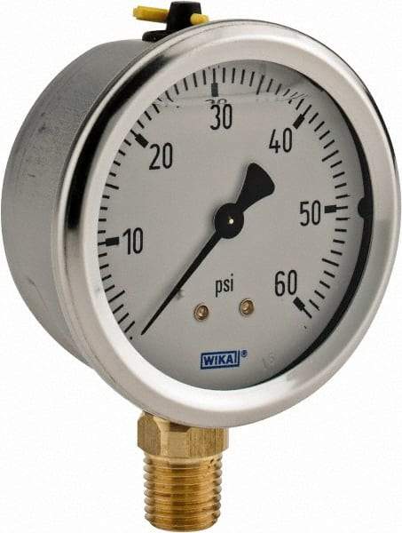 Wika - 2-1/2" Dial, 1/4 Thread, 0-60 Scale Range, Pressure Gauge - Lower Connection Mount, Accurate to 1.5% of Scale - Makers Industrial Supply