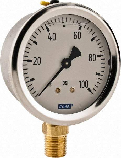 Wika - 2-1/2" Dial, 1/4 Thread, 0-100 Scale Range, Pressure Gauge - Lower Connection Mount, Accurate to 2-1-2% of Scale - Makers Industrial Supply