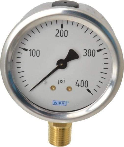 Wika - 2-1/2" Dial, 1/4 Thread, 0-400 Scale Range, Pressure Gauge - Lower Connection Mount, Accurate to 1.5% of Scale - Makers Industrial Supply