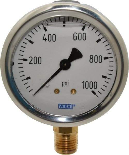 Wika - 2-1/2" Dial, 1/4 Thread, 0-1,000 Scale Range, Pressure Gauge - Lower Connection Mount, Accurate to 1.5% of Scale - Makers Industrial Supply