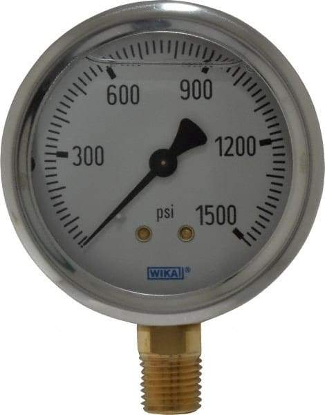 Wika - 2-1/2" Dial, 1/4 Thread, 0-1,500 Scale Range, Pressure Gauge - Lower Connection Mount, Accurate to 1.5% of Scale - Makers Industrial Supply