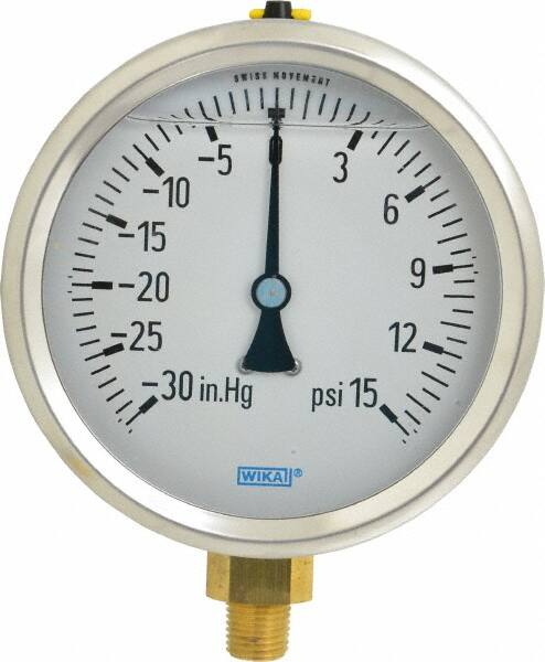 Wika - 4" Dial, 1/4 Thread, 30-0-15 Scale Range, Pressure Gauge - Lower Connection Mount, Accurate to 1% of Scale - Makers Industrial Supply