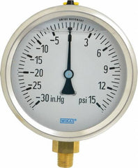 Wika - 4" Dial, 1/4 Thread, 30-0-15 Scale Range, Pressure Gauge - Lower Connection Mount, Accurate to 1% of Scale - Makers Industrial Supply