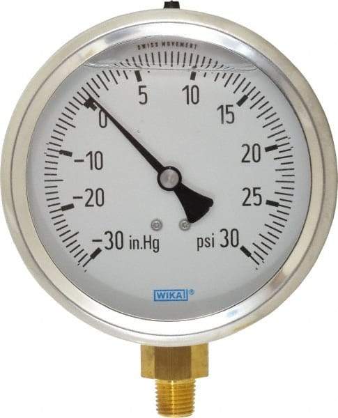 Wika - 4" Dial, 1/4 Thread, 30-0-30 Scale Range, Pressure Gauge - Lower Connection Mount, Accurate to 1% of Scale - Makers Industrial Supply