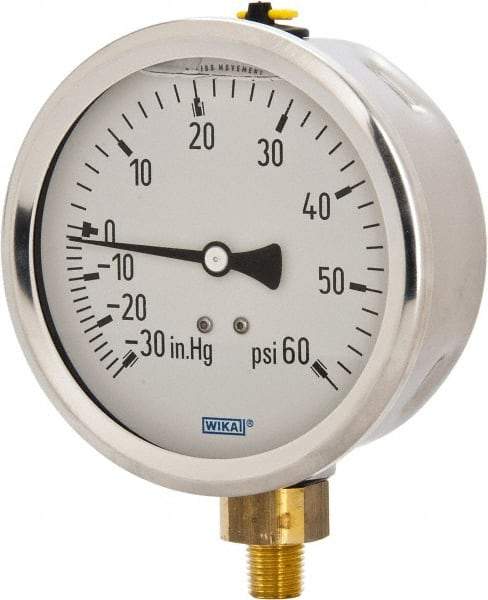 Wika - 4" Dial, 1/4 Thread, 30-0-60 Scale Range, Pressure Gauge - Lower Connection Mount, Accurate to 1% of Scale - Makers Industrial Supply