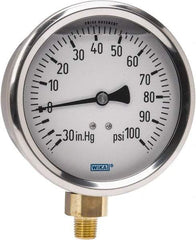 Wika - 4" Dial, 1/4 Thread, 30-0-100 Scale Range, Pressure Gauge - Lower Connection Mount, Accurate to 1% of Scale - Makers Industrial Supply