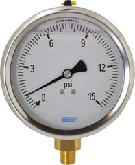 Wika - 4" Dial, 1/4 Thread, 0-15 Scale Range, Pressure Gauge - Lower Connection Mount, Accurate to 1% of Scale - Makers Industrial Supply