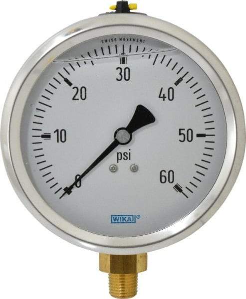 Wika - 4" Dial, 1/4 Thread, 0-60 Scale Range, Pressure Gauge - Lower Connection Mount, Accurate to 1% of Scale - Makers Industrial Supply