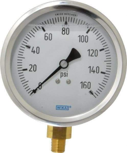 Wika - 4" Dial, 1/4 Thread, 0-160 Scale Range, Pressure Gauge - Lower Connection Mount, Accurate to 1% of Scale - Makers Industrial Supply