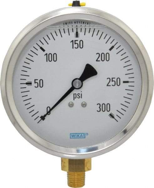 Wika - 4" Dial, 1/4 Thread, 0-300 Scale Range, Pressure Gauge - Lower Connection Mount, Accurate to 1% of Scale - Makers Industrial Supply