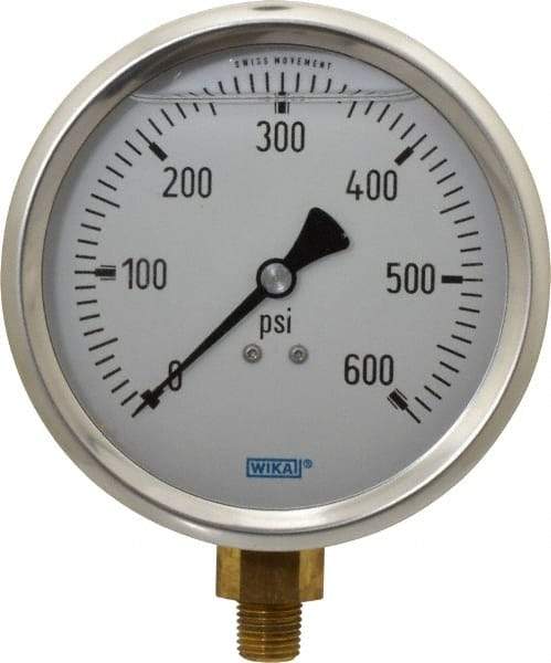 Wika - 4" Dial, 1/4 Thread, 0-600 Scale Range, Pressure Gauge - Lower Connection Mount, Accurate to 1% of Scale - Makers Industrial Supply