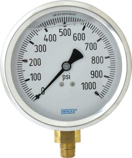 Wika - 4" Dial, 1/4 Thread, 0-1,000 Scale Range, Pressure Gauge - Lower Connection Mount, Accurate to 1% of Scale - Makers Industrial Supply