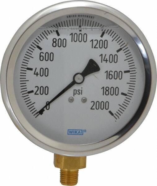 Wika - 4" Dial, 1/4 Thread, 0-2,000 Scale Range, Pressure Gauge - Lower Connection Mount, Accurate to 1% of Scale - Makers Industrial Supply