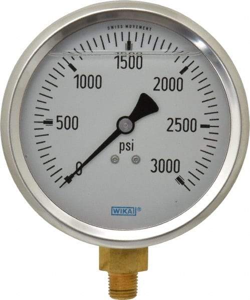 Wika - 4" Dial, 1/4 Thread, 0-3,000 Scale Range, Pressure Gauge - Lower Connection Mount, Accurate to 1% of Scale - Makers Industrial Supply