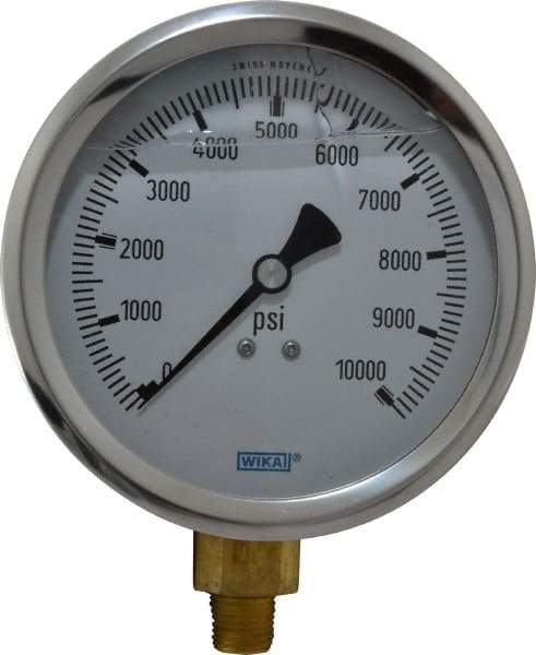 Wika - 4" Dial, 1/4 Thread, 0-10,000 Scale Range, Pressure Gauge - Lower Connection Mount, Accurate to 1% of Scale - Makers Industrial Supply