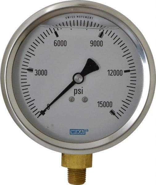 Wika - 4" Dial, 1/4 Thread, 0-15,000 Scale Range, Pressure Gauge - Lower Connection Mount, Accurate to 1% of Scale - Makers Industrial Supply