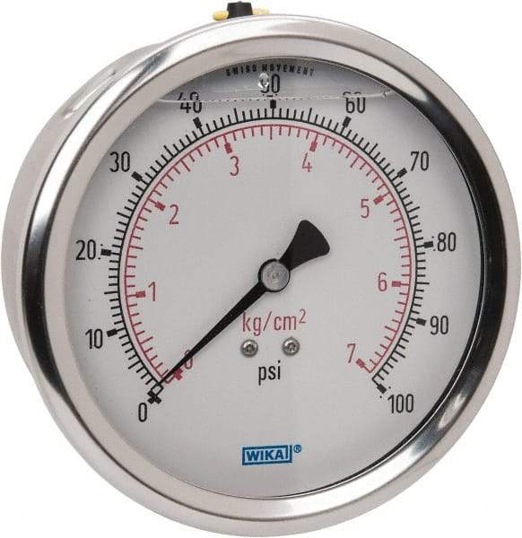 Wika - 4" Dial, 1/4 Thread, 0-100 Scale Range, Pressure Gauge - Lower Back Connection Mount, Accurate to 1% of Scale - Makers Industrial Supply