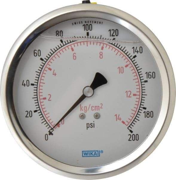 Wika - 4" Dial, 1/4 Thread, 0-200 Scale Range, Pressure Gauge - Lower Back Connection Mount, Accurate to 1% of Scale - Makers Industrial Supply