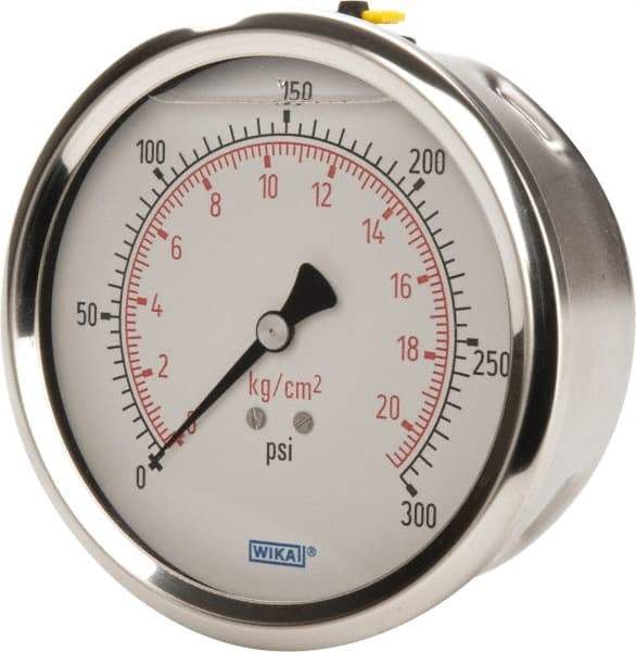 Wika - 4" Dial, 1/4 Thread, 0-300 Scale Range, Pressure Gauge - Lower Back Connection Mount, Accurate to 1% of Scale - Makers Industrial Supply