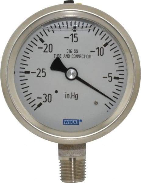 Wika - 2-1/2" Dial, 1/4 Thread, 30-0 Scale Range, Pressure Gauge - Lower Connection Mount, Accurate to 1.5% of Scale - Makers Industrial Supply