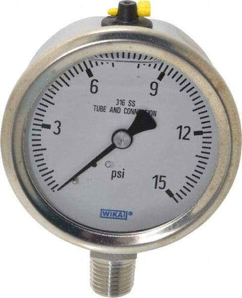 Wika - 2-1/2" Dial, 1/4 Thread, 0-15 Scale Range, Pressure Gauge - Lower Connection Mount, Accurate to 1.5% of Scale - Makers Industrial Supply