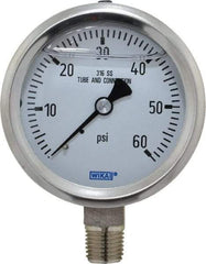 Wika - 2-1/2" Dial, 1/4 Thread, 0-60 Scale Range, Pressure Gauge - Lower Connection Mount, Accurate to 1.5% of Scale - Makers Industrial Supply