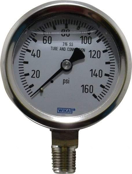 Wika - 2-1/2" Dial, 1/4 Thread, 0-160 Scale Range, Pressure Gauge - Lower Connection Mount, Accurate to 1.5% of Scale - Makers Industrial Supply