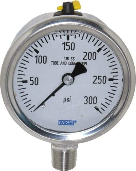 Wika - 2-1/2" Dial, 1/4 Thread, 0-300 Scale Range, Pressure Gauge - Lower Connection Mount, Accurate to 1.5% of Scale - Makers Industrial Supply