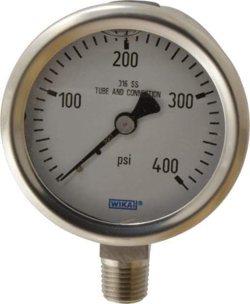 Wika - 2-1/2" Dial, 1/4 Thread, 0-400 Scale Range, Pressure Gauge - Lower Connection Mount, Accurate to 1.5% of Scale - Makers Industrial Supply