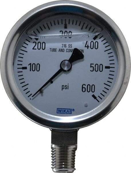 Wika - 2-1/2" Dial, 1/4 Thread, 0-600 Scale Range, Pressure Gauge - Lower Connection Mount, Accurate to 1.5% of Scale - Makers Industrial Supply