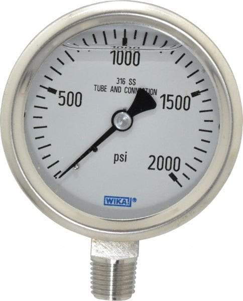 Wika - 2-1/2" Dial, 1/4 Thread, 0-2,000 Scale Range, Pressure Gauge - Lower Connection Mount, Accurate to 1.5% of Scale - Makers Industrial Supply