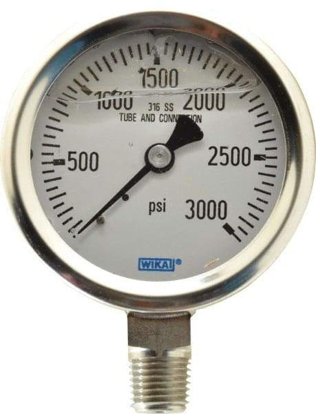 Wika - 2-1/2" Dial, 1/4 Thread, 0-3,000 Scale Range, Pressure Gauge - Lower Connection Mount, Accurate to 1.5% of Scale - Makers Industrial Supply