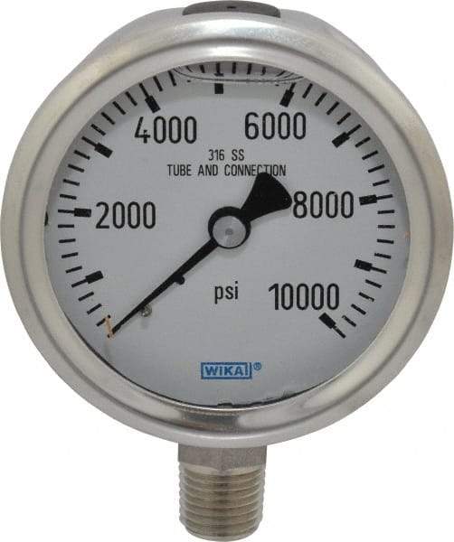 Wika - 2-1/2" Dial, 1/4 Thread, 0-10,000 Scale Range, Pressure Gauge - Lower Connection Mount, Accurate to 1.5% of Scale - Makers Industrial Supply