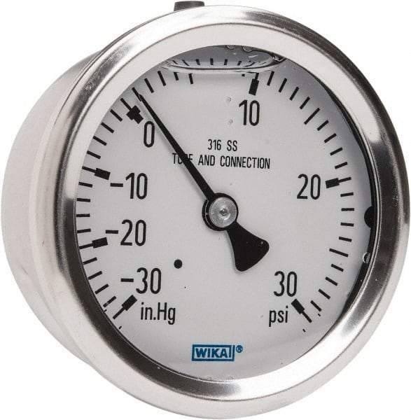 Wika - 2-1/2" Dial, 1/4 Thread, 30-0-30 Scale Range, Pressure Gauge - Center Back Connection Mount, Accurate to 1.5% of Scale - Makers Industrial Supply