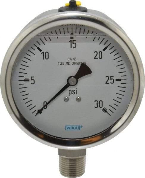 Wika - 4" Dial, 1/2 Thread, 0-30 Scale Range, Pressure Gauge - Lower Connection Mount, Accurate to 1% of Scale - Makers Industrial Supply