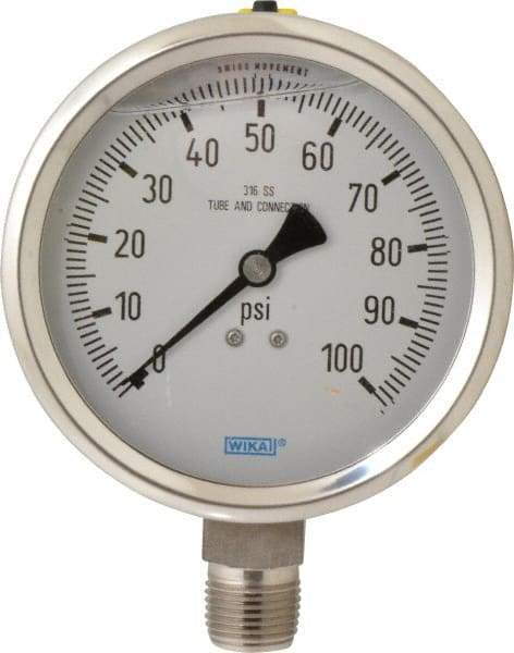 Wika - 4" Dial, 1/2 Thread, 0-100 Scale Range, Pressure Gauge - Lower Connection Mount, Accurate to 1% of Scale - Makers Industrial Supply