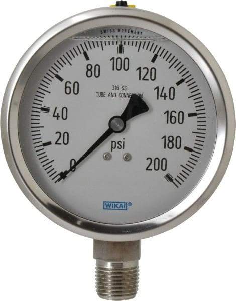 Wika - 4" Dial, 1/2 Thread, 0-200 Scale Range, Pressure Gauge - Lower Connection Mount, Accurate to 1% of Scale - Makers Industrial Supply