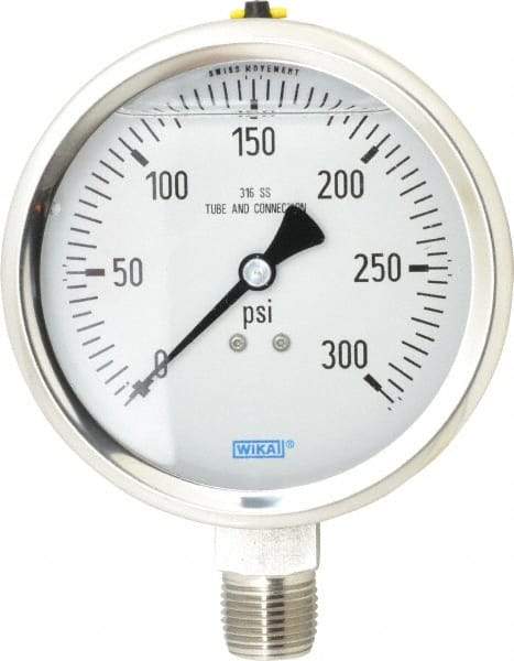 Wika - 4" Dial, 1/2 Thread, 0-300 Scale Range, Pressure Gauge - Lower Connection Mount, Accurate to 1% of Scale - Makers Industrial Supply