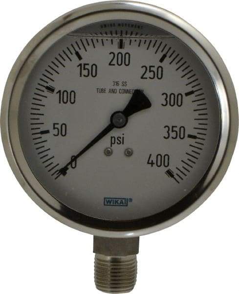 Wika - 4" Dial, 1/2 Thread, 0-400 Scale Range, Pressure Gauge - Lower Connection Mount, Accurate to 1% of Scale - Makers Industrial Supply