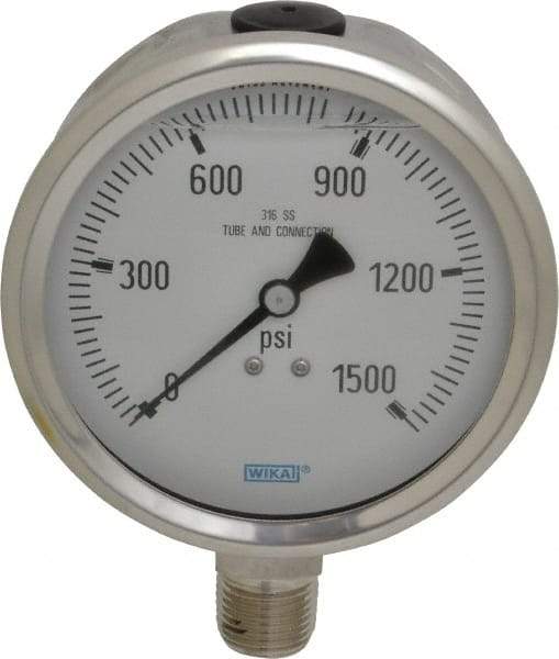 Wika - 4" Dial, 1/2 Thread, 0-1,500 Scale Range, Pressure Gauge - Lower Connection Mount, Accurate to 1% of Scale - Makers Industrial Supply