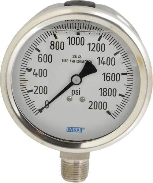 Wika - 4" Dial, 1/2 Thread, 0-2,000 Scale Range, Pressure Gauge - Lower Connection Mount, Accurate to 1% of Scale - Makers Industrial Supply