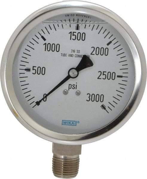 Wika - 4" Dial, 1/2 Thread, 0-3,000 Scale Range, Pressure Gauge - Lower Connection Mount, Accurate to 1% of Scale - Makers Industrial Supply