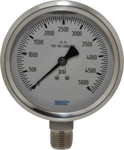 Wika - 4" Dial, 1/2 Thread, 0-5,000 Scale Range, Pressure Gauge - Lower Connection Mount, Accurate to 1% of Scale - Makers Industrial Supply