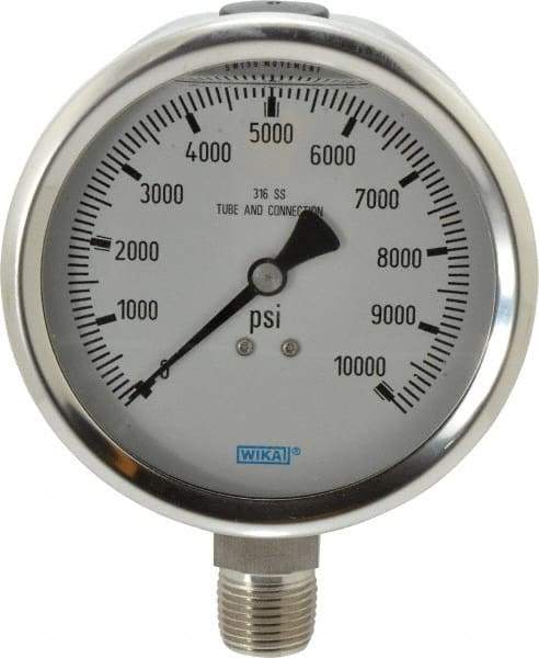 Wika - 4" Dial, 1/2 Thread, 0-10,000 Scale Range, Pressure Gauge - Lower Connection Mount, Accurate to 1% of Scale - Makers Industrial Supply