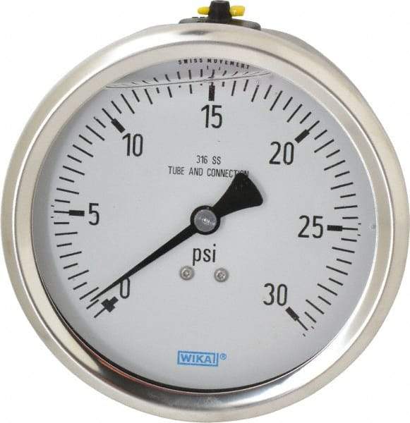 Wika - 4" Dial, 1/2 Thread, 0-30 Scale Range, Pressure Gauge - Lower Back Connection Mount, Accurate to 1% of Scale - Makers Industrial Supply