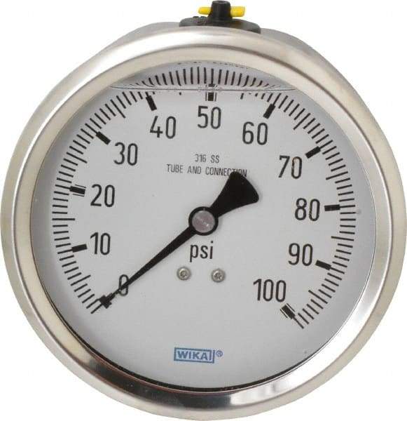 Wika - 4" Dial, 1/2 Thread, 0-100 Scale Range, Pressure Gauge - Lower Back Connection Mount, Accurate to 1% of Scale - Makers Industrial Supply