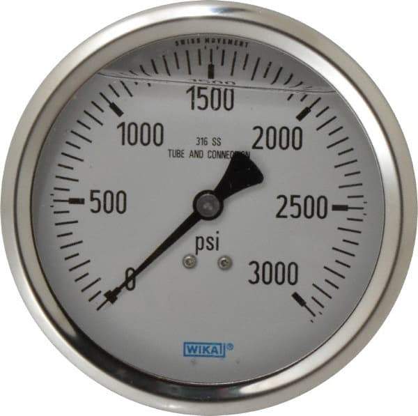 Wika - 4" Dial, 1/2 Thread, 0-3,000 Scale Range, Pressure Gauge - Lower Back Connection Mount, Accurate to 1% of Scale - Makers Industrial Supply