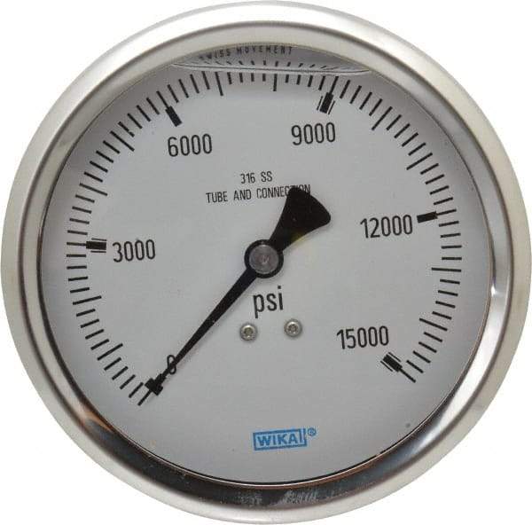 Wika - 4" Dial, 1/2 Thread, 0-15,000 Scale Range, Pressure Gauge - Lower Back Connection Mount, Accurate to 1% of Scale - Makers Industrial Supply