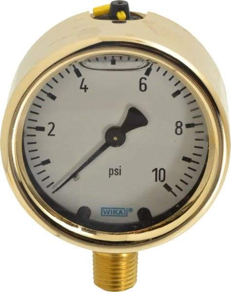 Wika - 2-1/2" Dial, 1/4 Thread, 0-10 Scale Range, Pressure Gauge - Lower Connection Mount, Accurate to 1.5% of Scale - Makers Industrial Supply